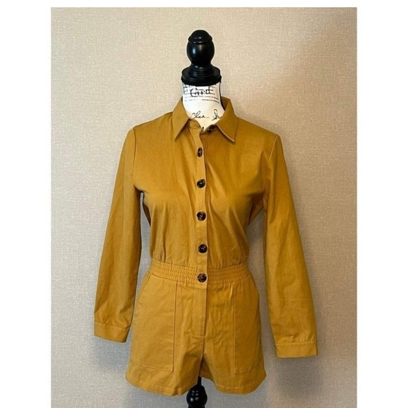 Anthro See U Soon Womens Yellow Long Sleeve Shirt Romper sz Small Button - Picture 2 of 11